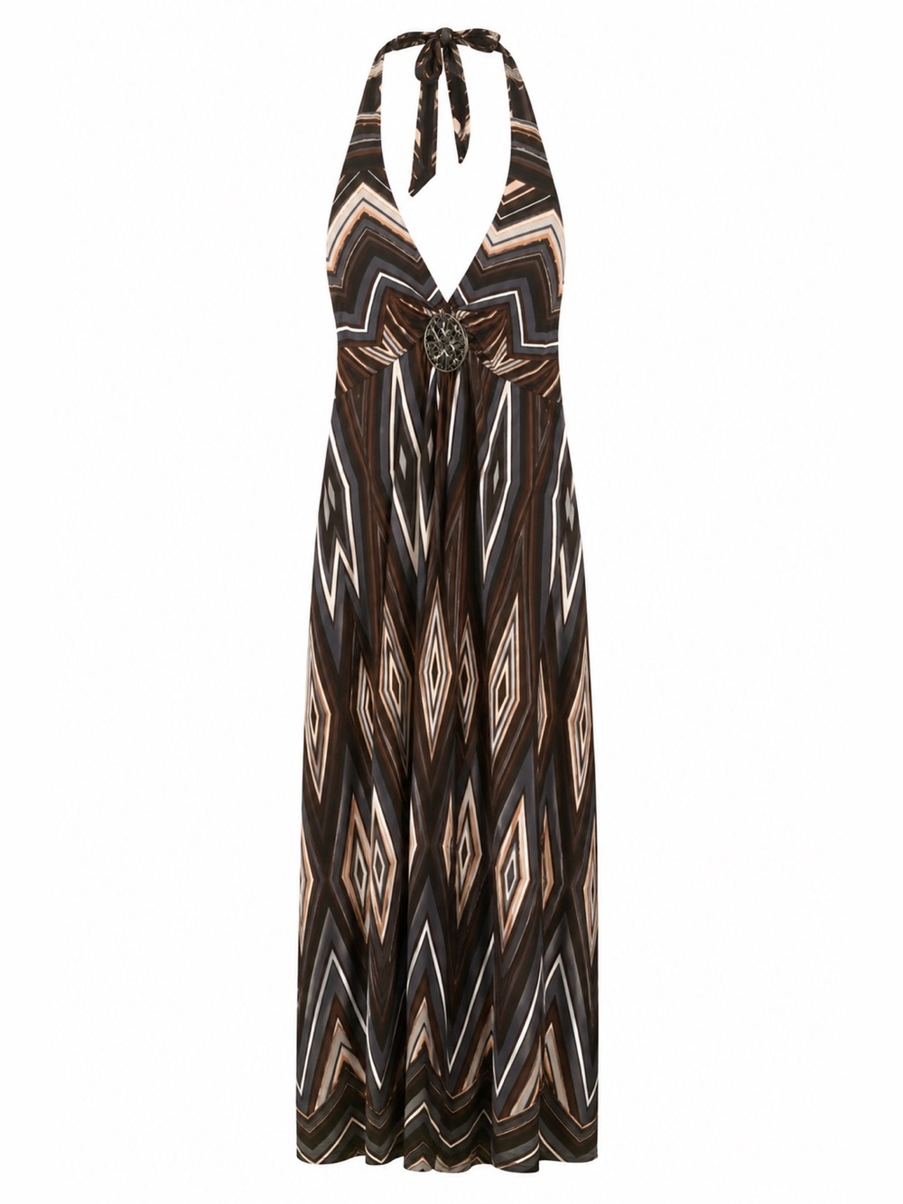 Valerie Bertinelli Halter Maxi Dress 6 Brown Geometric Medallion Resort